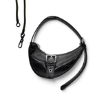 Black crocodile-embossed leather crescent shoulder bag with a silver buckle closure and a detachable black strap, shown on a white background.