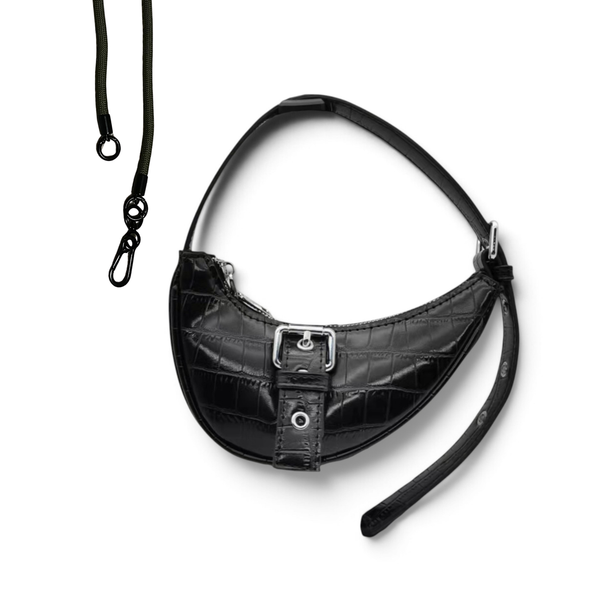 Black crocodile-embossed leather crescent shoulder bag with a silver buckle closure and a detachable black strap, shown on a white background.
