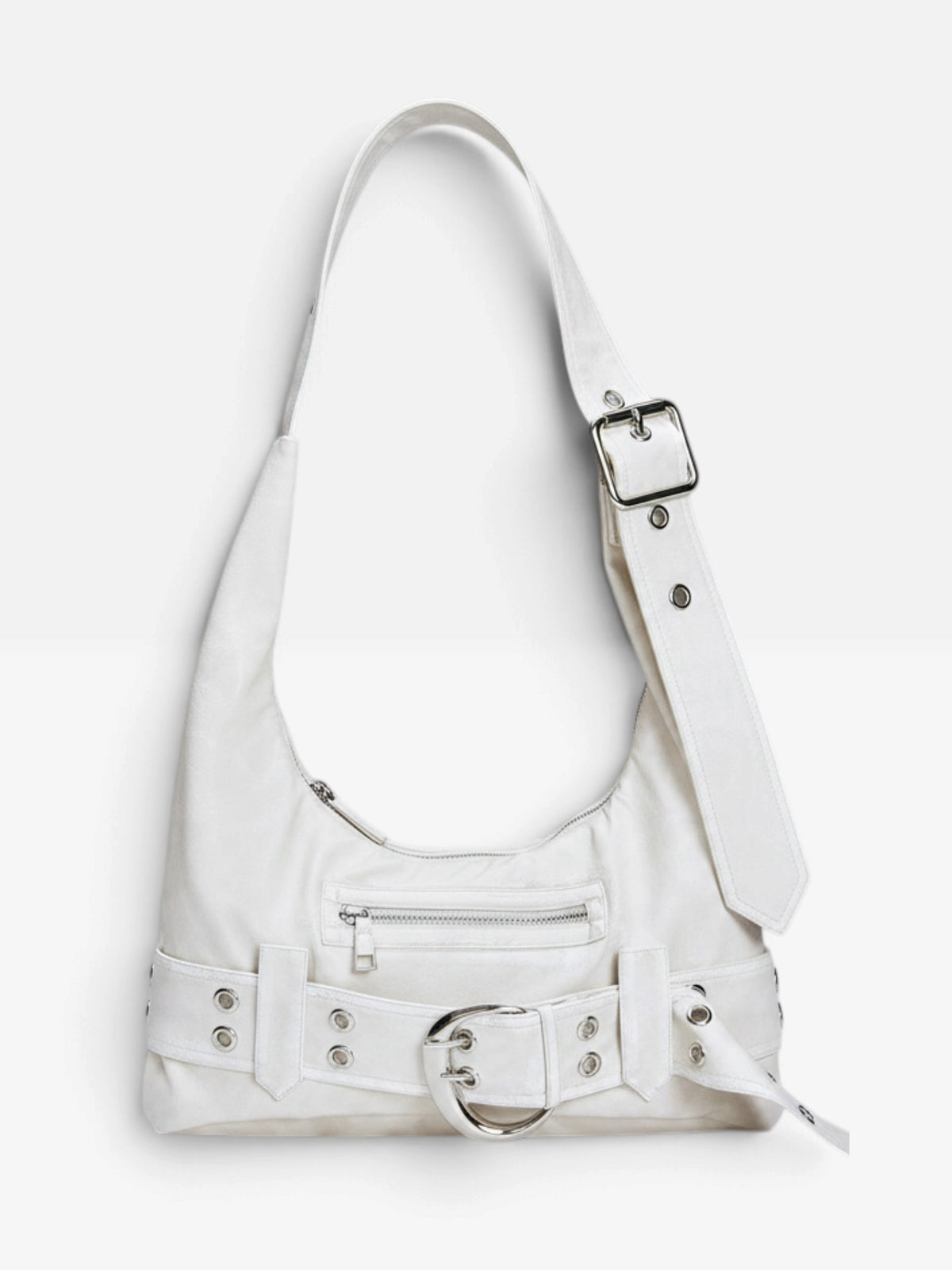 White vegan leather shoulder bag with a chunky eyelet belt, oversized silver buckle and buckled strap on a white background